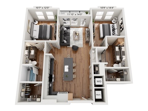 A floor plan of a two-bedroom apartment with a living room, kitchen, and bathroom.